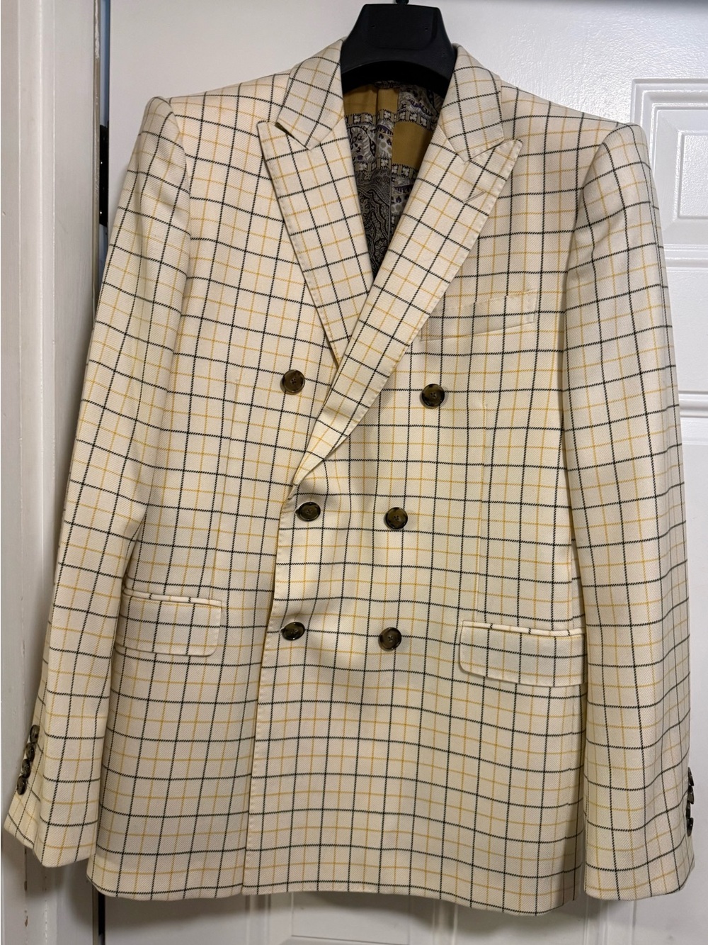Etro Cream Plaid Double-Breasted Blazer with Gold Accent
